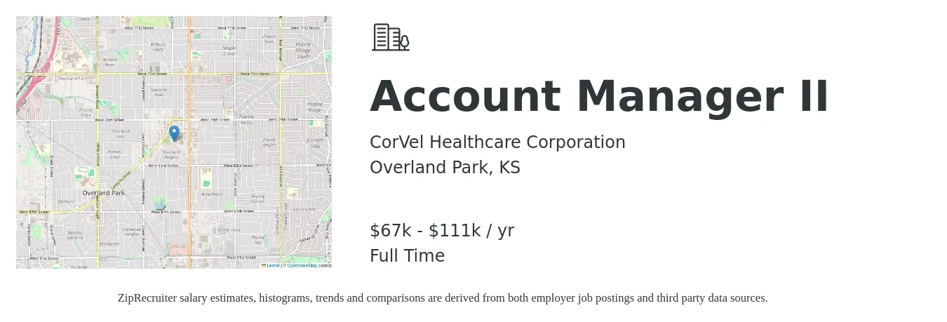 CorVel Healthcare Corporation job posting for a Account Manager II in Overland Park, KS with a salary of $67,086 to $111,634 Yearly with a map of Overland Park location.
