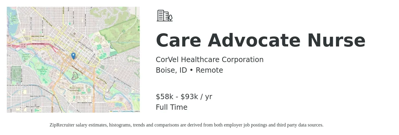 CorVel Healthcare Corporation job posting for a Care Advocate Nurse in Boise, ID with a salary of $58,282 to $93,870 Yearly with a map of Boise location.