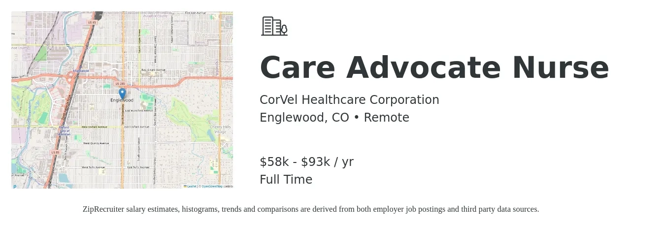 CorVel Healthcare Corporation job posting for a Care Advocate Nurse in Englewood, CO with a salary of $58,282 to $93,870 Yearly with a map of Englewood location.