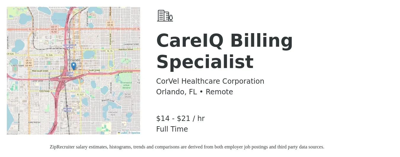 CorVel Healthcare Corporation job posting for a CareIQ Billing Specialist in Orlando, FL with a salary of $15 to $23 Hourly with a map of Orlando location.