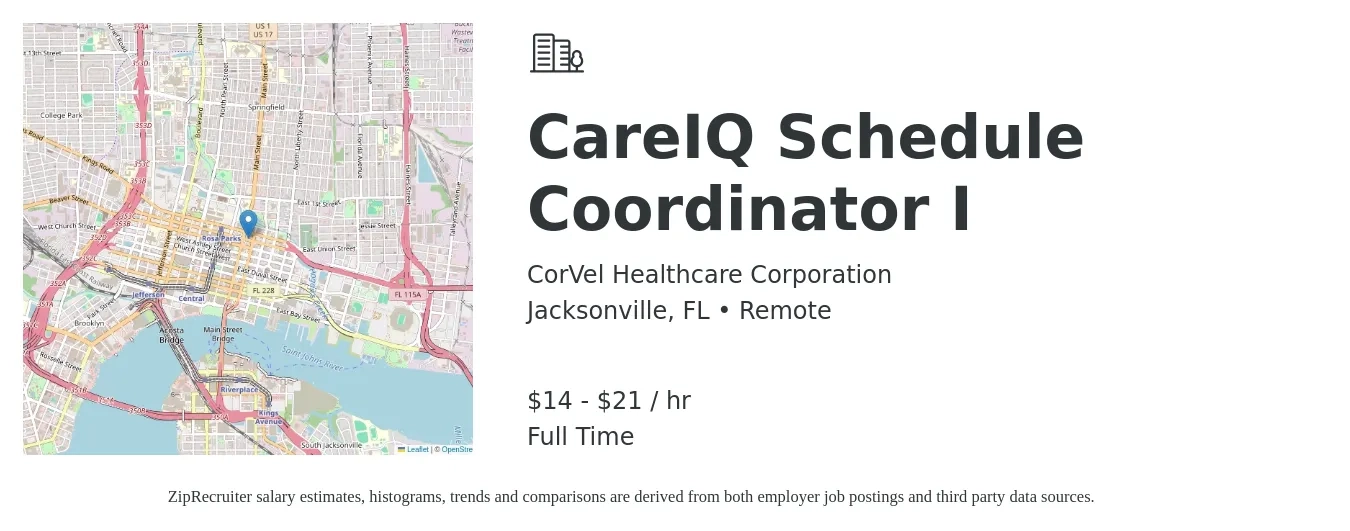 CorVel Healthcare Corporation job posting for a CareIQ Schedule Coordinator I in Jacksonville, FL with a salary of $15 to $23 Hourly with a map of Jacksonville location.
