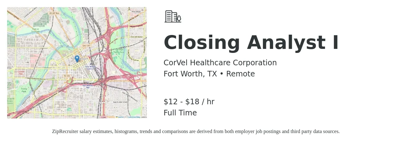CorVel Healthcare Corporation job posting for a Closing Analyst I in Fort Worth, TX with a salary of $13 to $19 Hourly with a map of Fort Worth location.