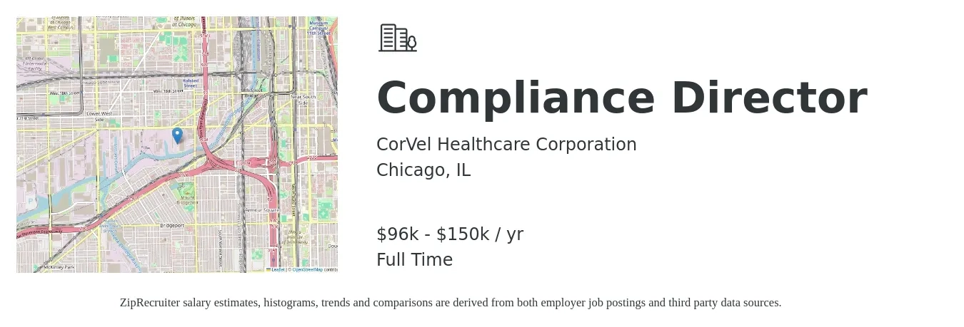 CorVel Healthcare Corporation job posting for a Compliance Director in Chicago, IL with a salary of $96,522 to $150,441 Yearly with a map of Chicago location.