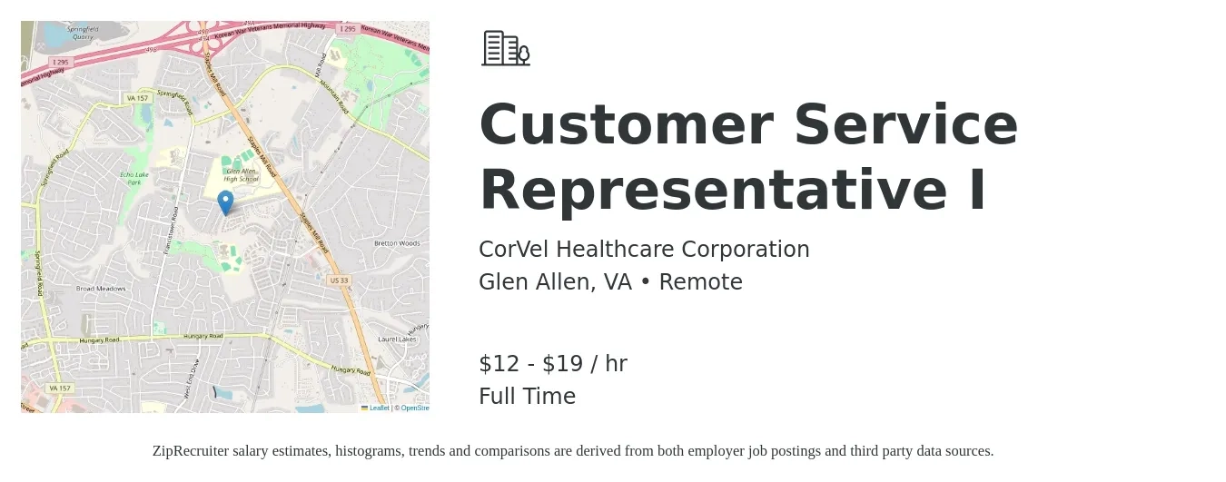 CorVel Healthcare Corporation job posting for a Customer Service Representative I in Glen Allen, VA with a salary of $13 to $20 Hourly with a map of Glen Allen location.