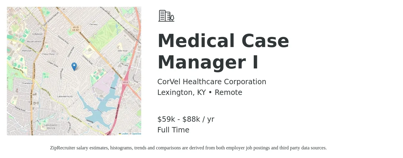 CorVel Healthcare Corporation job posting for a Medical Case Manager I in Lexington, KY with a salary of $59,362 to $88,722 Yearly with a map of Lexington location.