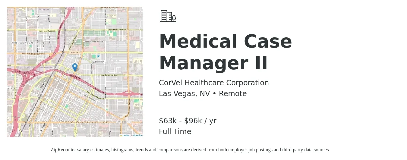 CorVel Healthcare Corporation job posting for a Medical Case Manager II in Las Vegas, NV with a salary of $63,902 to $96,662 Yearly with a map of Las Vegas location.
