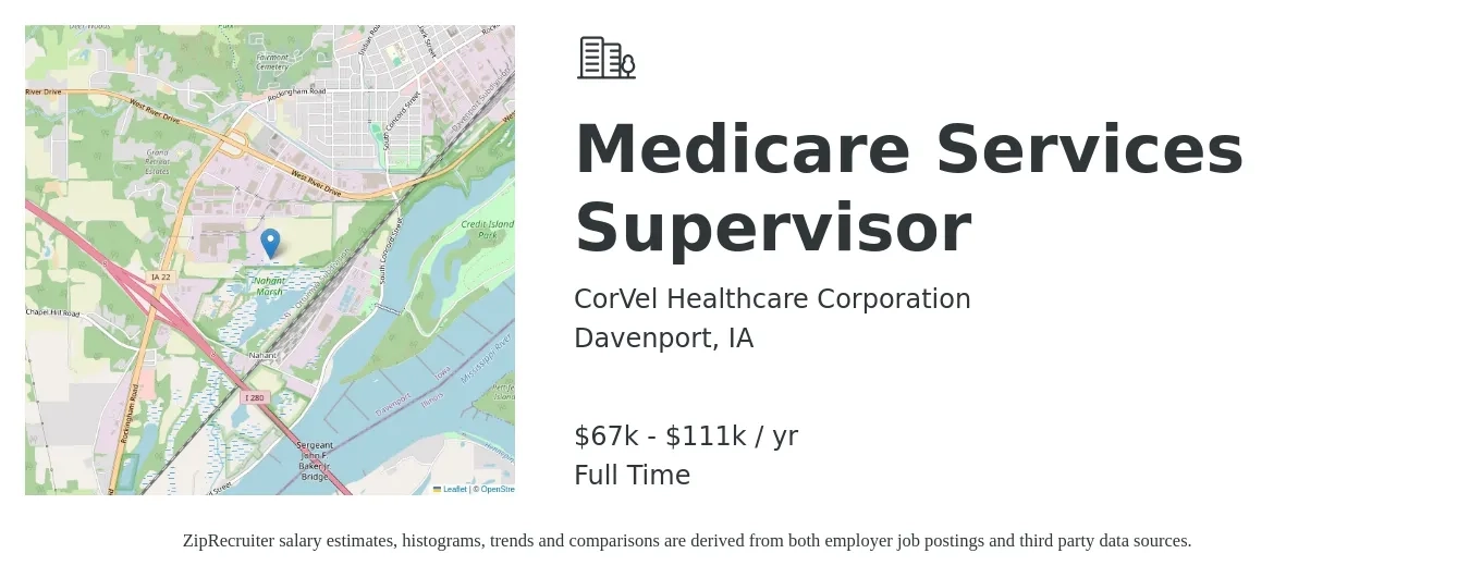 CorVel Healthcare Corporation job posting for a Medicare Services Supervisor in Davenport, IA with a salary of $67,086 to $111,634 Yearly with a map of Davenport location.