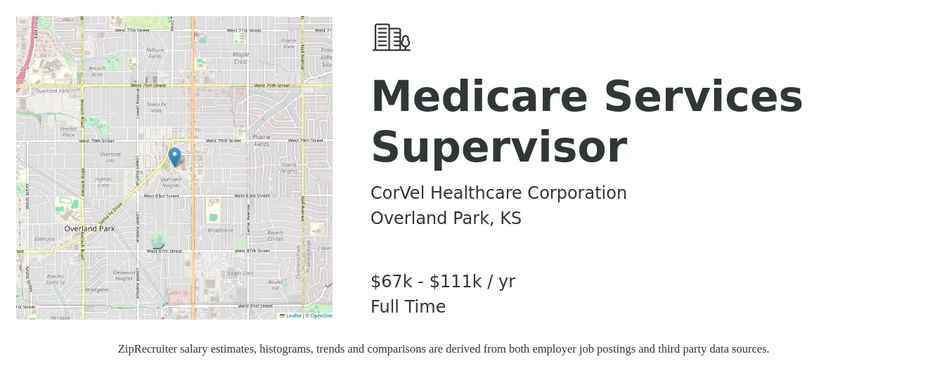 CorVel Healthcare Corporation job posting for a Medicare Services Supervisor in Overland Park, KS with a salary of $67,086 to $111,634 Yearly with a map of Overland Park location.
