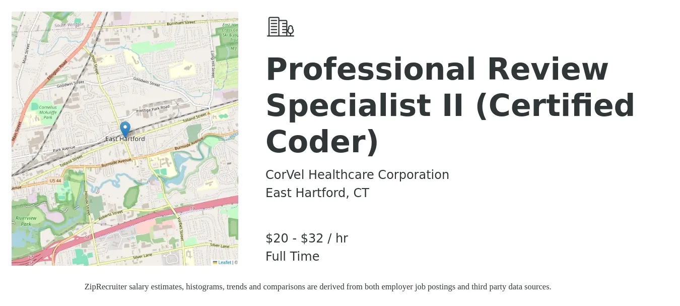 CorVel Healthcare Corporation job posting for a Professional Review Specialist II (Certified Coder) in East Hartford, CT with a salary of $21 to $34 Hourly with a map of East Hartford location.