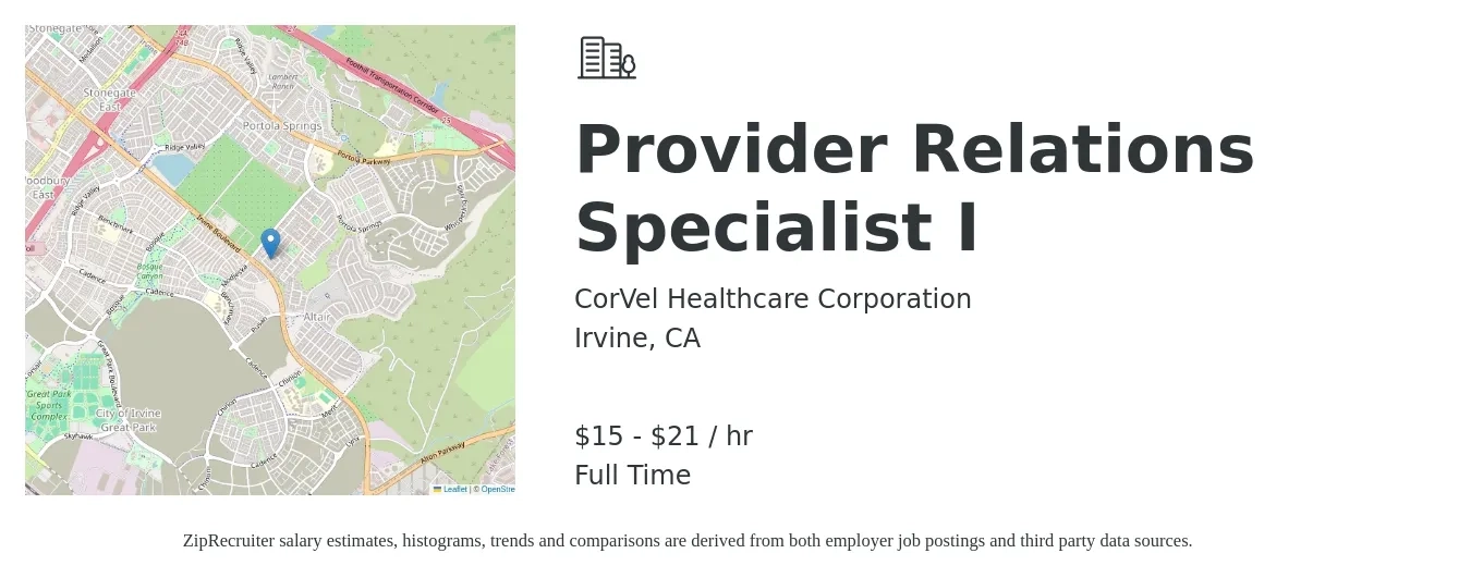 CorVel Healthcare Corporation job posting for a Provider Relations Specialist I in Irvine, CA with a salary of $16 to $22 Hourly with a map of Irvine location.