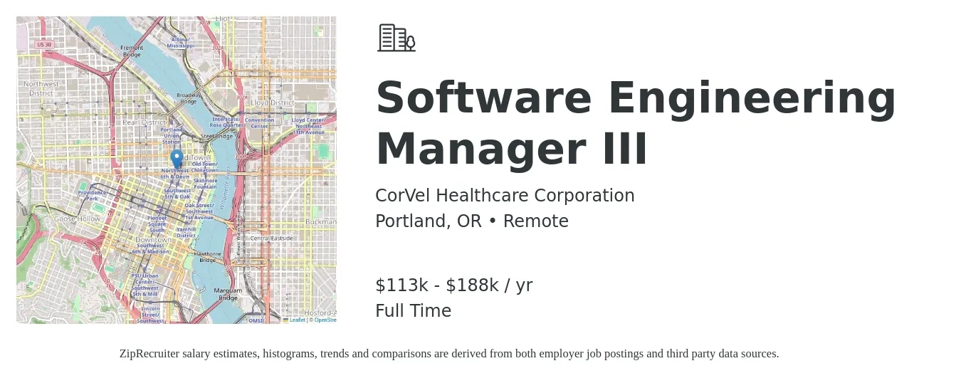 CorVel Healthcare Corporation job posting for a Software Engineering Manager III in Portland, OR with a salary of $113,719 to $188,753 Yearly with a map of Portland location.
