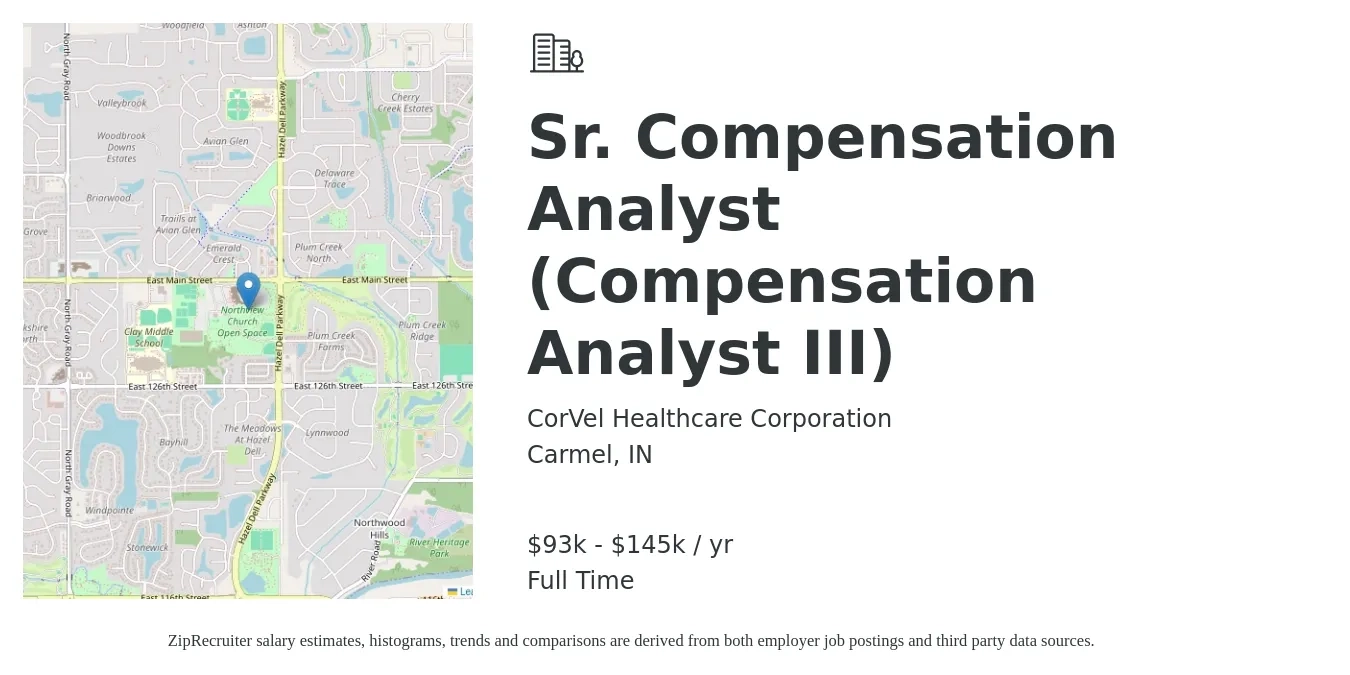 CorVel Healthcare Corporation job posting for a Sr. Compensation Analyst (Compensation Analyst III) in Carmel, IN with a salary of $93,701 to $145,635 Yearly with a map of Carmel location.