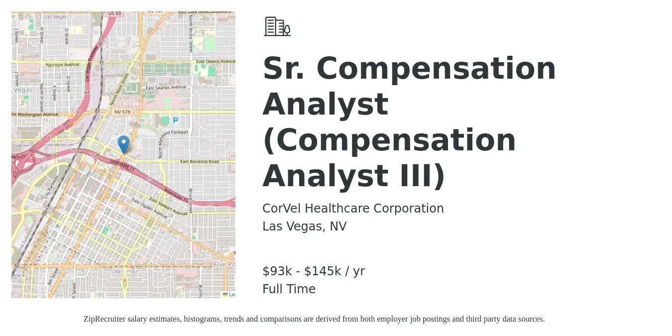 CorVel Healthcare Corporation job posting for a Sr. Compensation Analyst (Compensation Analyst III) in Las Vegas, NV with a salary of $93,701 to $145,635 Yearly with a map of Las Vegas location.