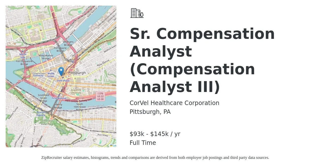 CorVel Healthcare Corporation job posting for a Sr. Compensation Analyst (Compensation Analyst III) in Pittsburgh, PA with a salary of $93,701 to $145,635 Yearly with a map of Pittsburgh location.