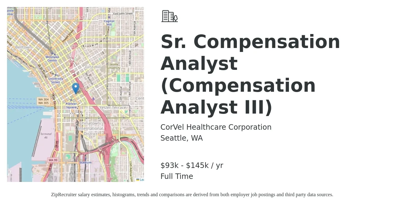 CorVel Healthcare Corporation job posting for a Sr. Compensation Analyst (Compensation Analyst III) in Seattle, WA with a salary of $93,701 to $145,635 Yearly with a map of Seattle location.