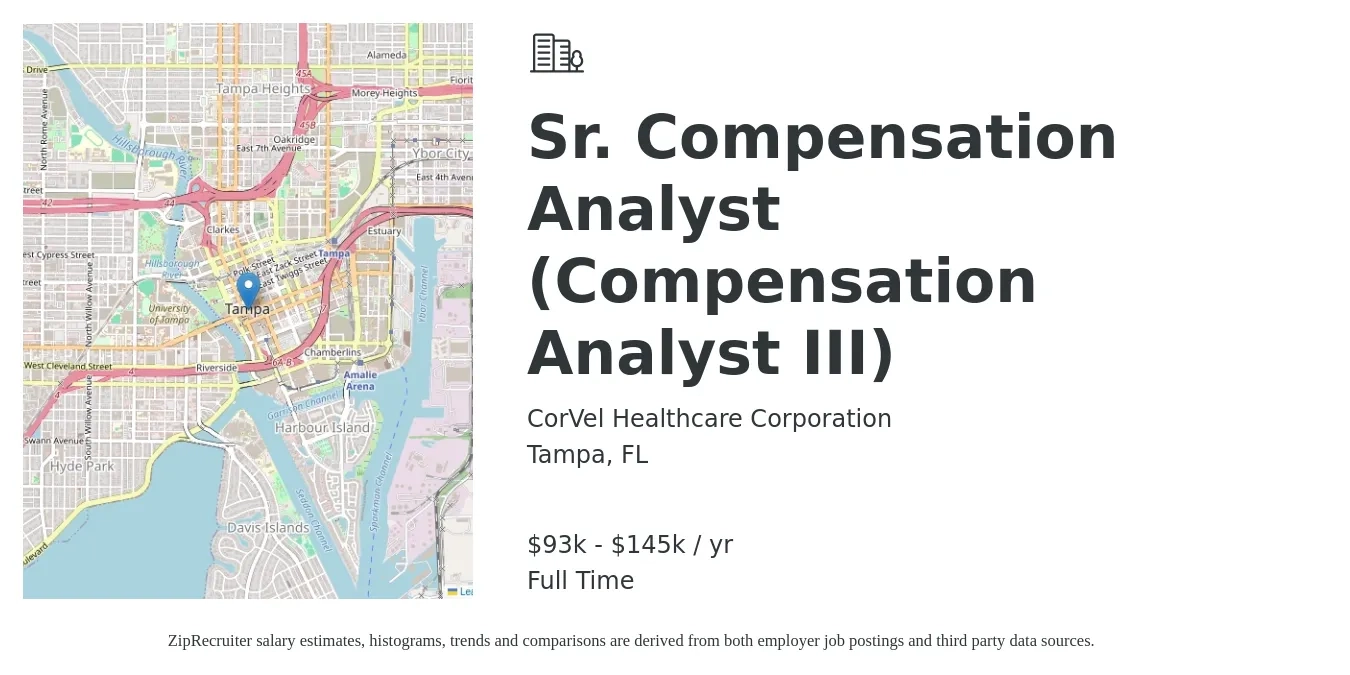 CorVel Healthcare Corporation job posting for a Sr. Compensation Analyst (Compensation Analyst III) in Tampa, FL with a salary of $93,701 to $145,635 Yearly with a map of Tampa location.