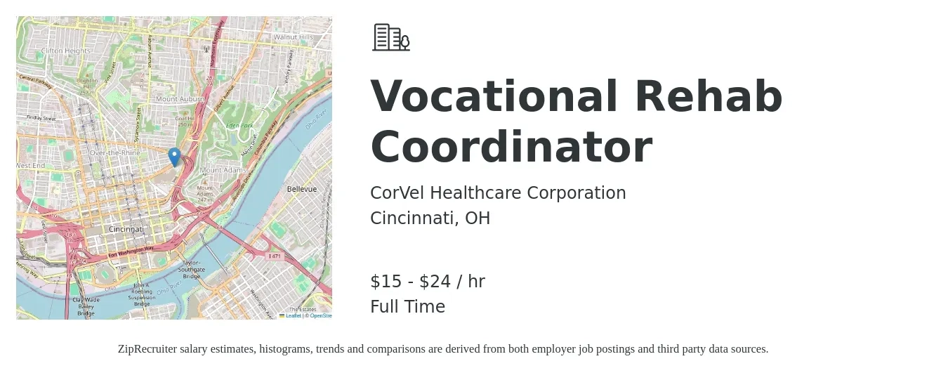 CorVel Healthcare Corporation job posting for a Vocational Rehab Coordinator in Cincinnati, OH with a salary of $16 to $26 Hourly with a map of Cincinnati location.