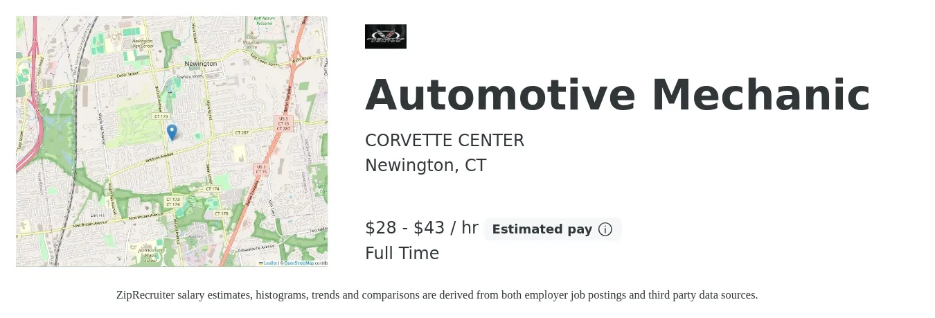 CORVETTE CENTER job posting for a Automotive Mechanic in Newington, CT with a salary of $30 to $45 Hourly with a map of Newington location.
