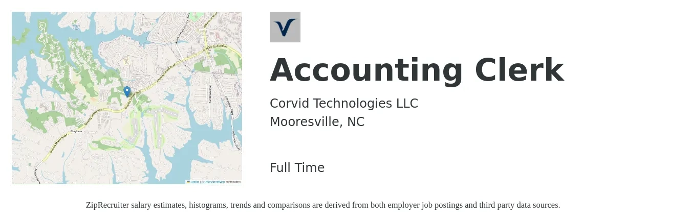 Corvid Technologies LLC job posting for a Accounting Clerk in Mooresville, NC with a salary of $16 to $21 Hourly with a map of Mooresville location.