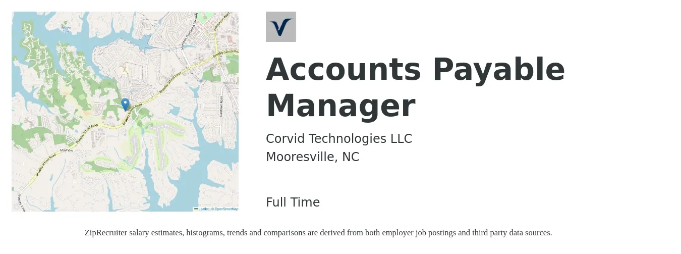 Corvid Technologies LLC job posting for a Accounts Payable Manager in Mooresville, NC with a salary of $57,900 to $79,500 Yearly with a map of Mooresville location.