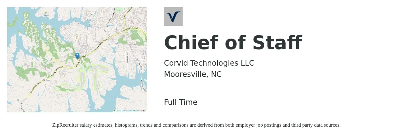 Corvid Technologies LLC job posting for a Chief of Staff in Mooresville, NC with a salary of $82,200 to $129,000 Yearly with a map of Mooresville location.