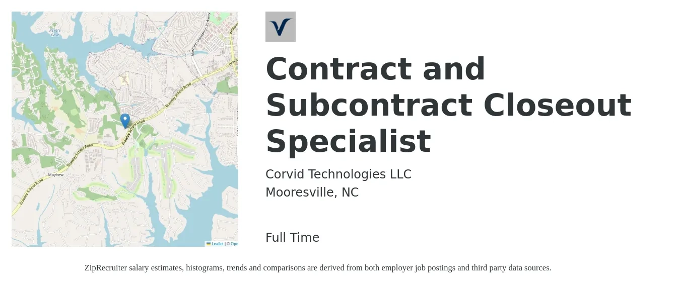 Corvid Technologies LLC job posting for a Contract and Subcontract Closeout Specialist in Mooresville, NC with a salary of $50,400 to $87,100 Yearly with a map of Mooresville location.