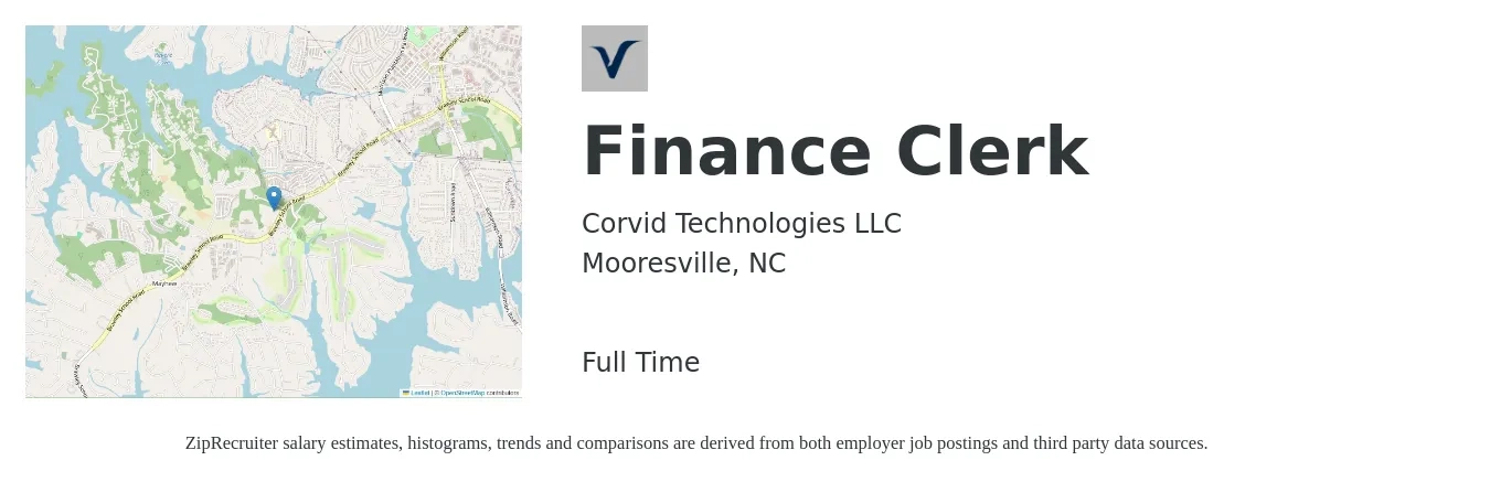 Corvid Technologies LLC job posting for a Finance Clerk in Mooresville, NC with a salary of $16 to $21 Hourly with a map of Mooresville location.