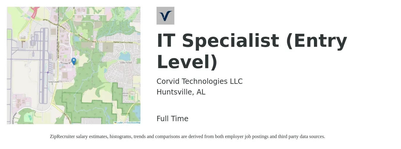 Corvid Technologies LLC job posting for a IT Specialist (Entry Level) in Huntsville, AL with a salary of $43,300 to $103,900 Yearly with a map of Huntsville location.