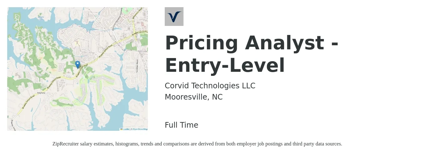 Corvid Technologies LLC job posting for a Pricing Analyst - Entry-Level in Mooresville, NC with a salary of $47,700 to $71,100 Yearly with a map of Mooresville location.