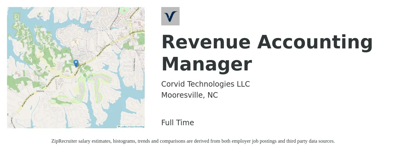 Corvid Technologies LLC job posting for a Revenue Accounting Manager in Mooresville, NC with a salary of $87,500 to $164,800 Yearly with a map of Mooresville location.