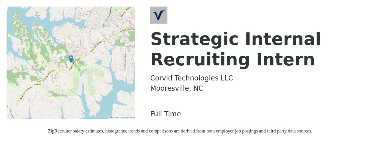 Corvid Technologies LLC job posting for a Strategic Internal Recruiting Intern in Mooresville, NC with a salary of $48,200 to $61,900 Yearly with a map of Mooresville location.
