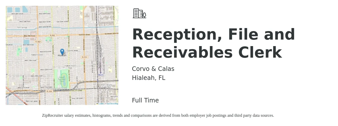 Corvo & Calas job posting for a Reception, File and Receivables Clerk in Hialeah, FL with a salary of $14 to $18 Hourly with a map of Hialeah location.