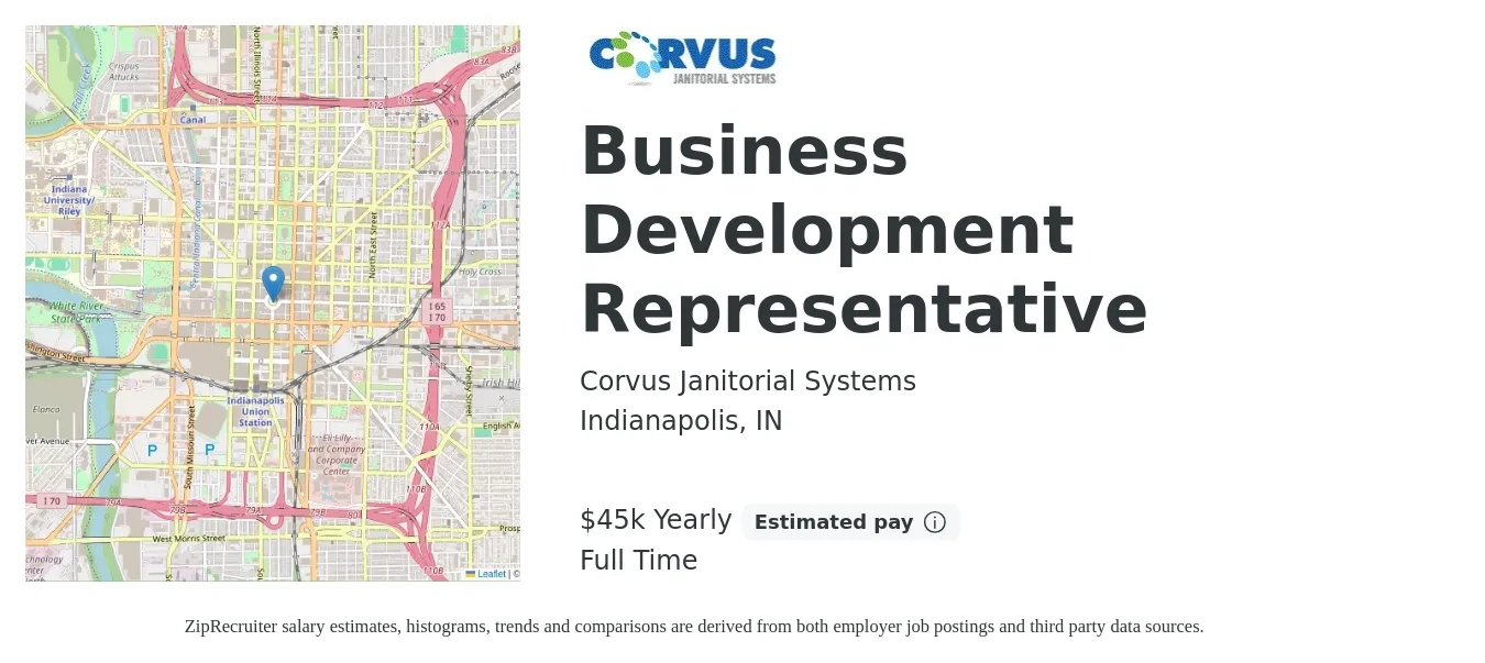 Corvus Janitorial Systems job posting for a Business Development Representative in Indianapolis, IN with a salary of $45,000 Yearly (plus commission) and benefits including pto, and retirement with a map of Indianapolis location.