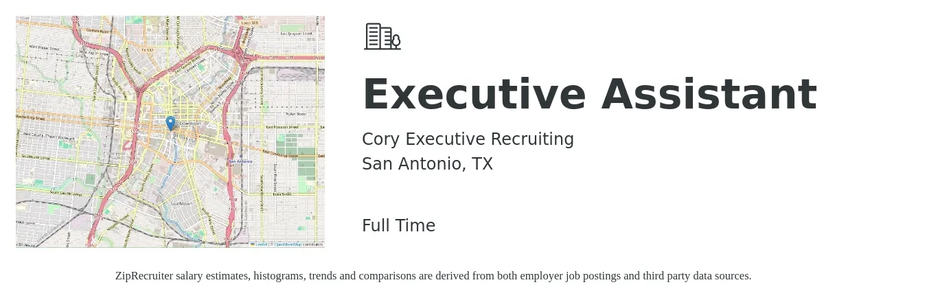 Cory Executive Recruiting job posting for a Executive Assistant in San Antonio, TX with a salary of $45,100 to $67,600 Yearly with a map of San Antonio location.