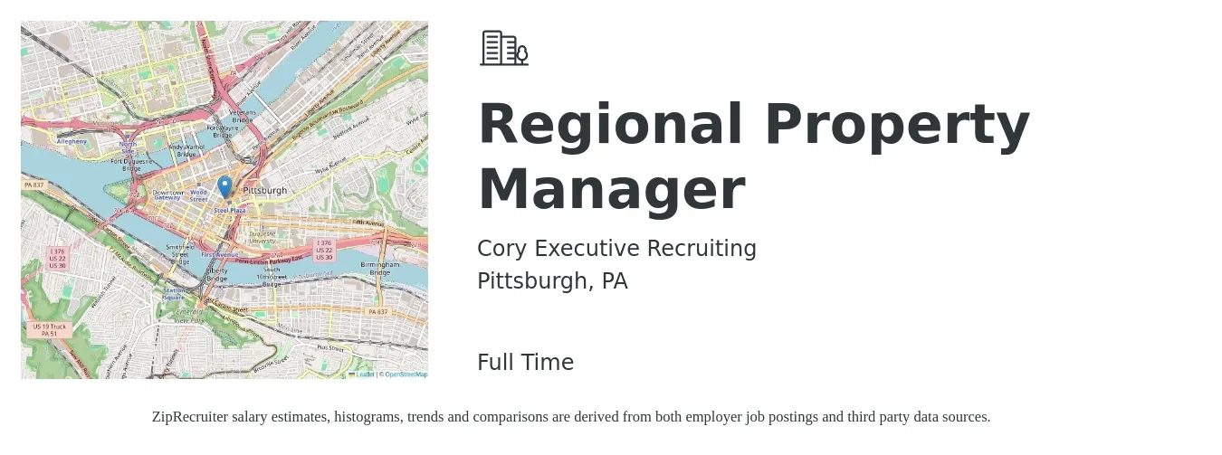 Cory Executive Recruiting job posting for a Regional Property Manager in Pittsburgh, PA with a salary of $75,700 to $101,900 Yearly with a map of Pittsburgh location.