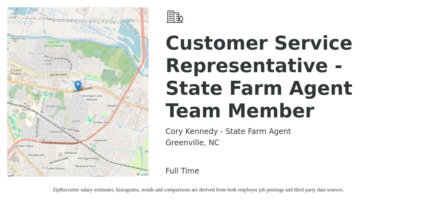 Cory Kennedy - State Farm Agent job posting for a Customer Service Representative - State Farm Agent Team Member in Greenville, NC with a salary of $35,800 to $49,200 Yearly with a map of Greenville location.