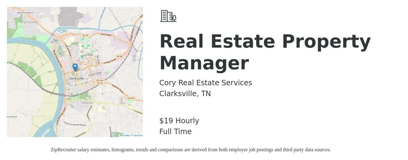 Cory Real Estate Services job posting for a Real Estate Property Manager in Clarksville, TN with a salary of $20 Hourly with a map of Clarksville location.