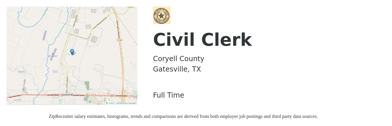 Coryell County job posting for a Civil Clerk in Gatesville, TX with a salary of $14 to $18 Hourly with a map of Gatesville location.