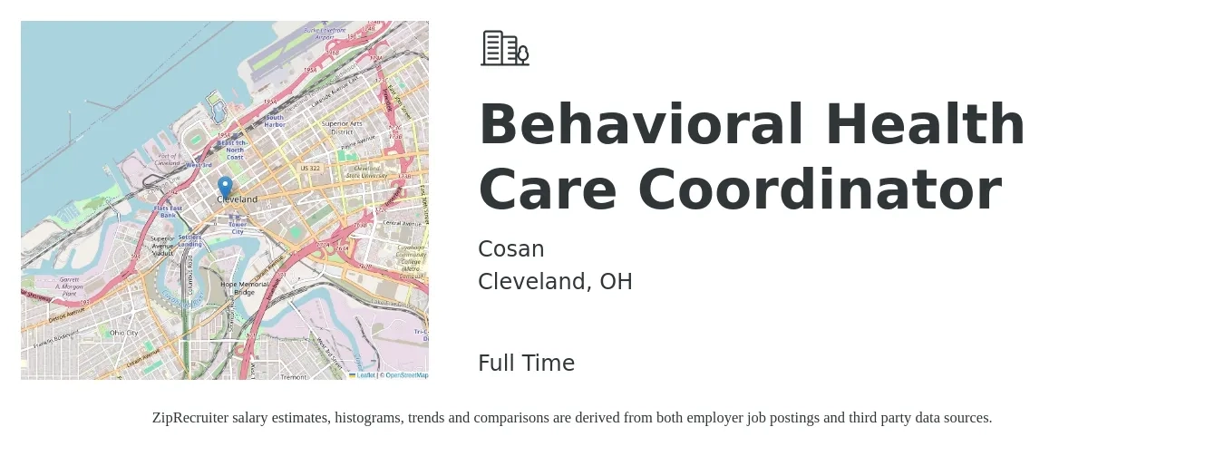Cosan job posting for a Behavioral Health Care Coordinator in Cleveland, OH with a salary of $20 to $25 Hourly with a map of Cleveland location.