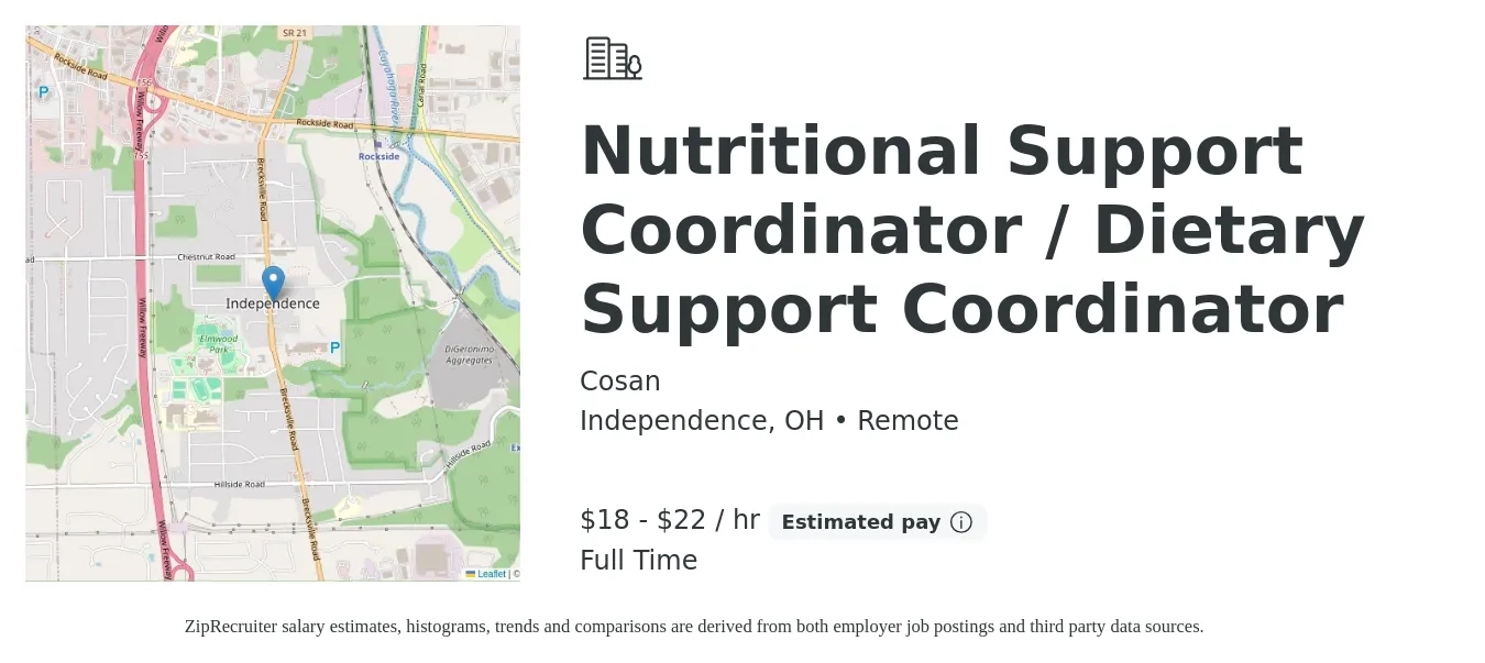 Cosan job posting for a Nutritional Support Coordinator / Dietary Support Coordinator in Independence, OH with a salary of $19 to $23 Hourly with a map of Independence location.