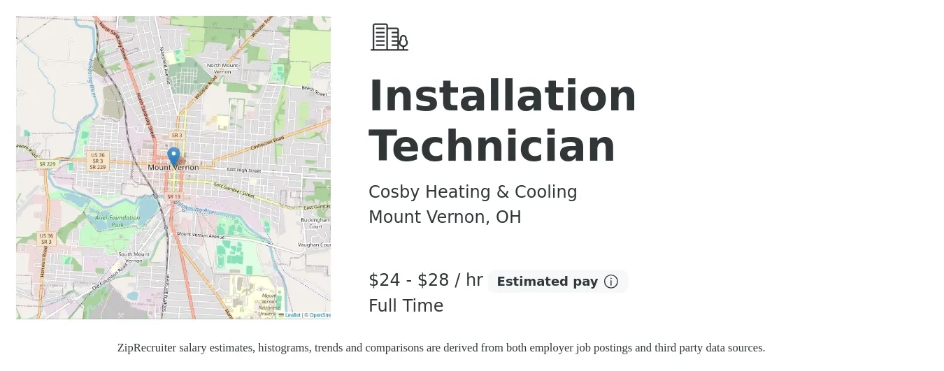 Cosby Heating & Cooling job posting for a Installation Technician in Mount Vernon, OH with a salary of $25 to $30 Hourly with a map of Mount Vernon location.