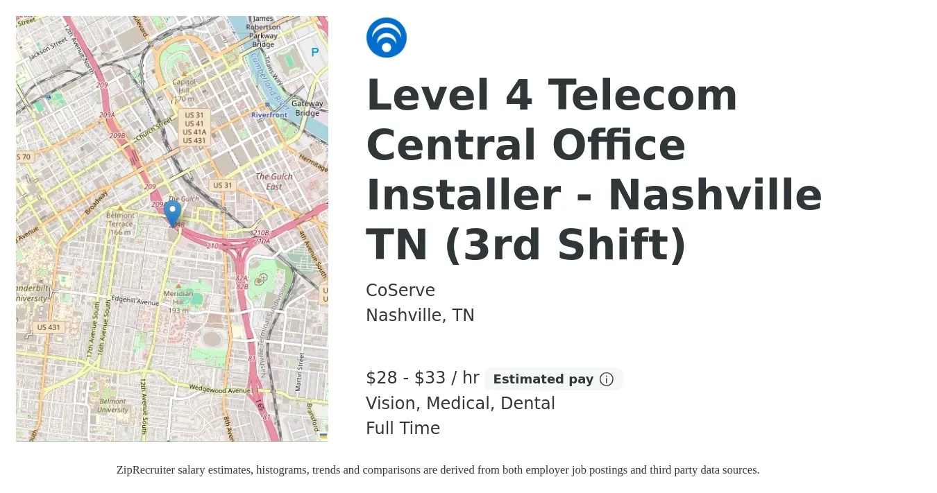 CoServe job posting for a Level 4 Telecom Central Office Installer - Nashville TN (3rd Shift) in Nashville, TN with a salary of $30 to $35 Hourly and benefits including retirement, vision, dental, and medical with a map of Nashville location.