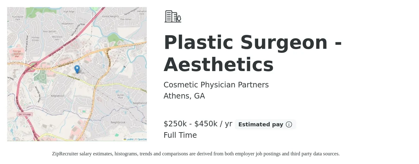 Cosmetic Physician Partners job posting for a Plastic Surgeon - Aesthetics in Athens, GA with a salary of $250,000 to $450,000 Yearly with a map of Athens location.