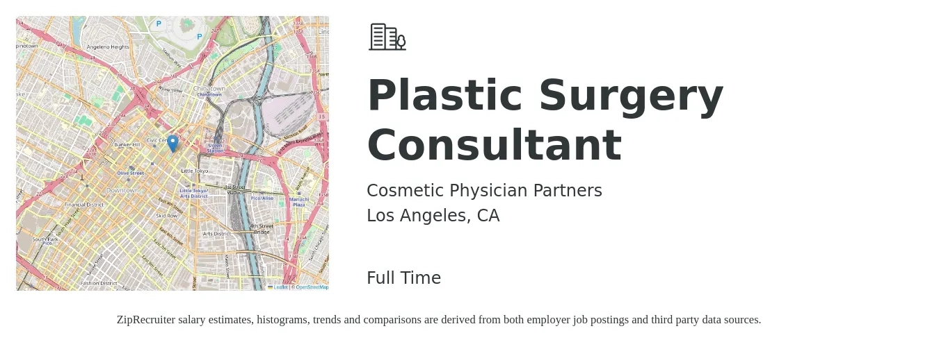 Cosmetic Physician Partners job posting for a Plastic Surgery Consultant in Los Angeles, CA with a salary of $105,100 to $195,600 Yearly with a map of Los Angeles location.
