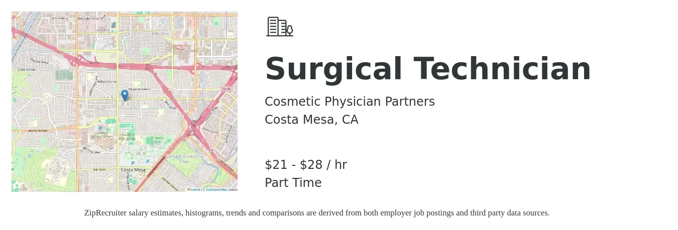 Cosmetic Physician Partners job posting for a Surgical Technician in Costa Mesa, CA with a salary of $22 to $30 Hourly with a map of Costa Mesa location.