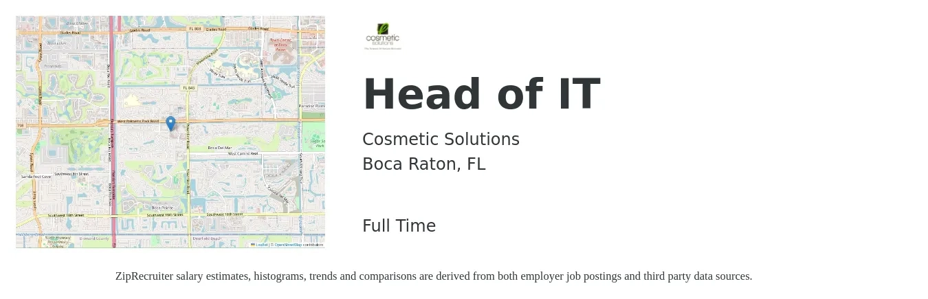 Cosmetic Solutions job posting for a Head of IT in Boca Raton, FL with a salary of $101,500 to $149,000 Yearly with a map of Boca Raton location.