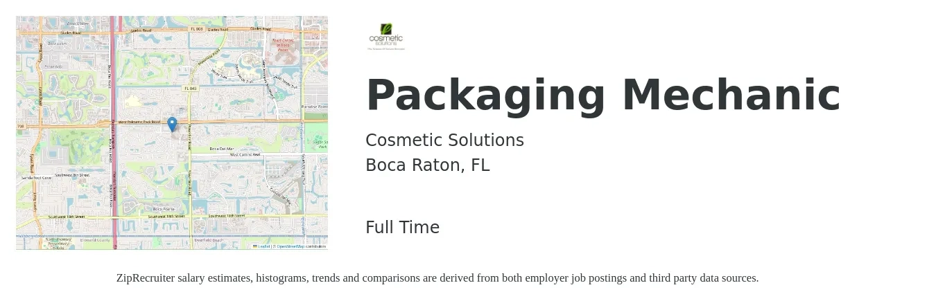 Cosmetic Solutions job posting for a Packaging Mechanic in Boca Raton, FL with a salary of $21 to $30 Hourly with a map of Boca Raton location.