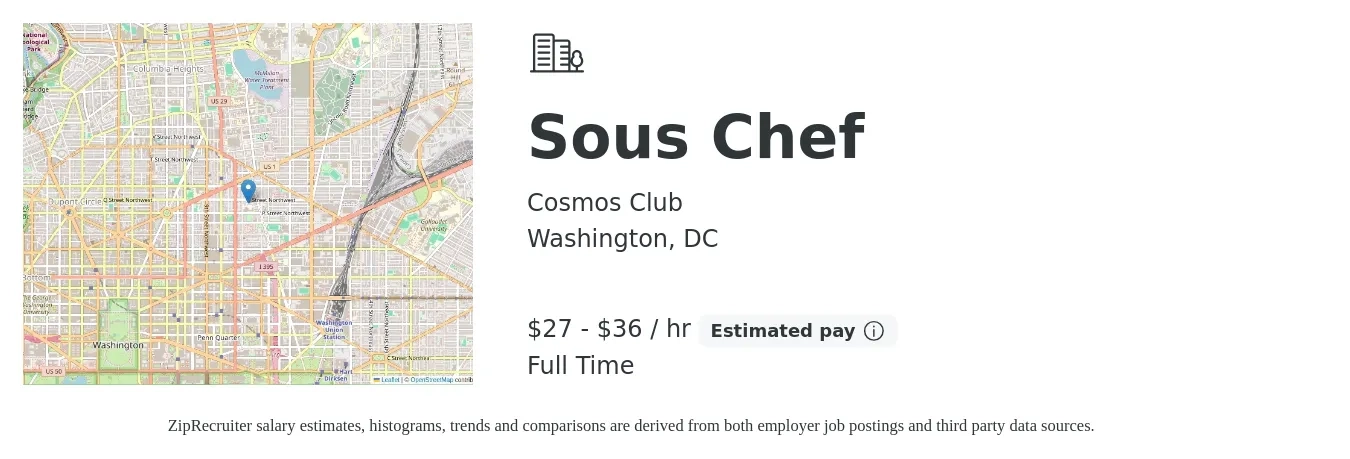 Cosmos Club job posting for a Sous Chef in Washington, DC with a salary of $29 to $38 Hourly with a map of Washington location.