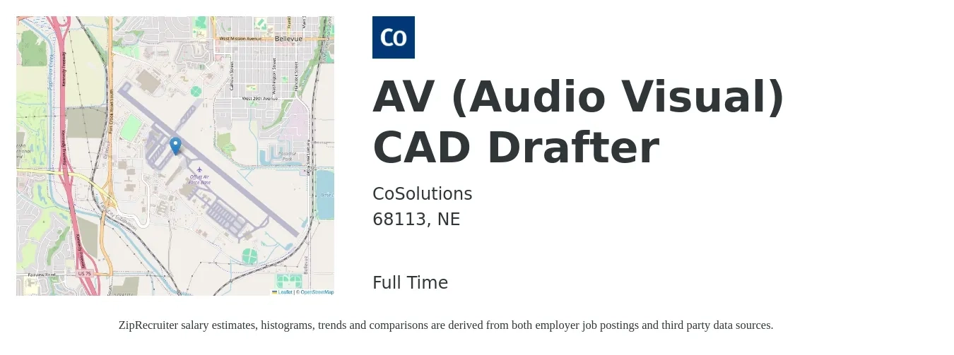 CoSolutions job posting for a AV (Audio Visual) CAD Drafter in 68113, NE with a salary of $21 to $29 Hourly with a map of 68113 location.