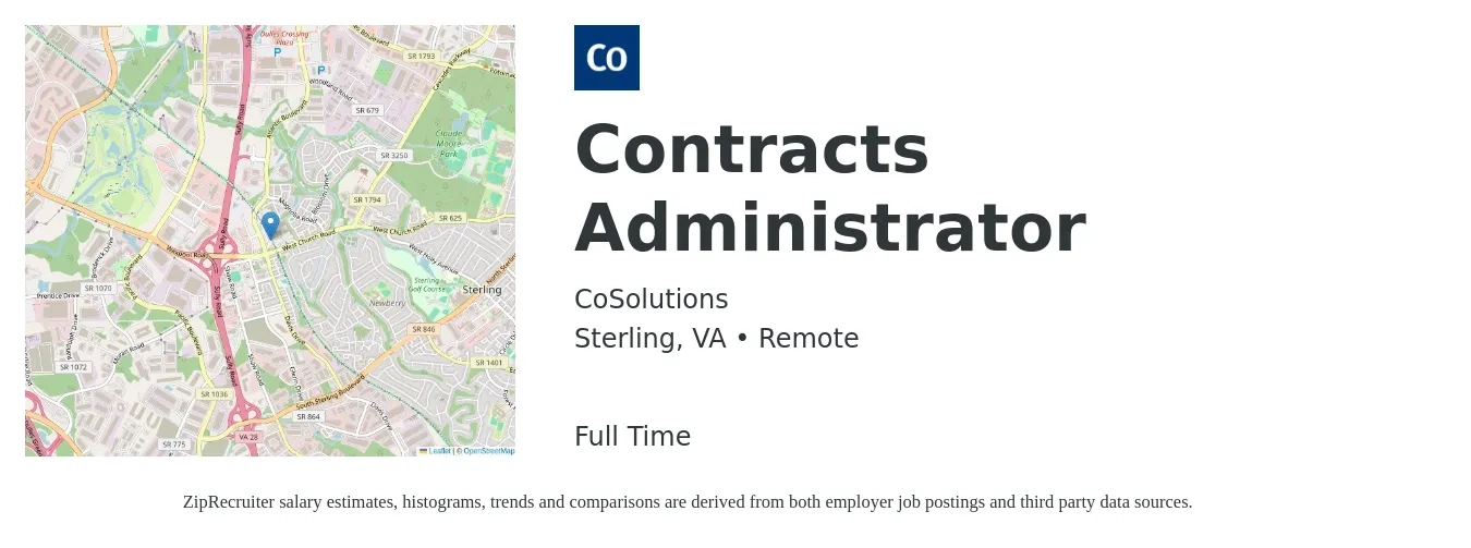 CoSolutions job posting for a Contracts Administrator in Sterling, VA with a salary of $57,600 to $88,900 Yearly with a map of Sterling location.